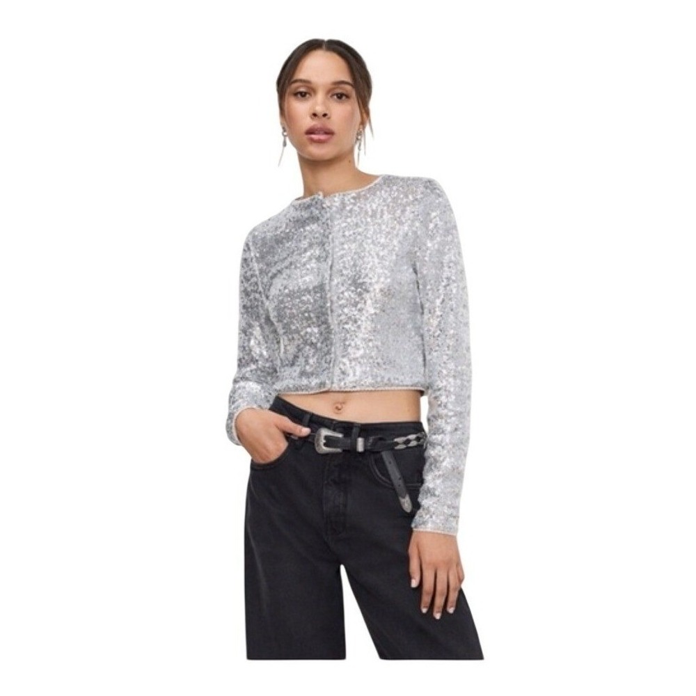 Good American‎ Cluster Sequin Crop Cardigan Sweater Silver Knit S